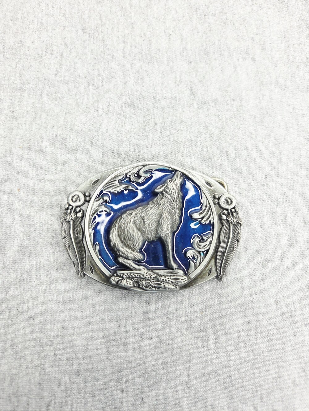 Coyote Howling at Moon Blue Enamel Pewter Belt Buckle